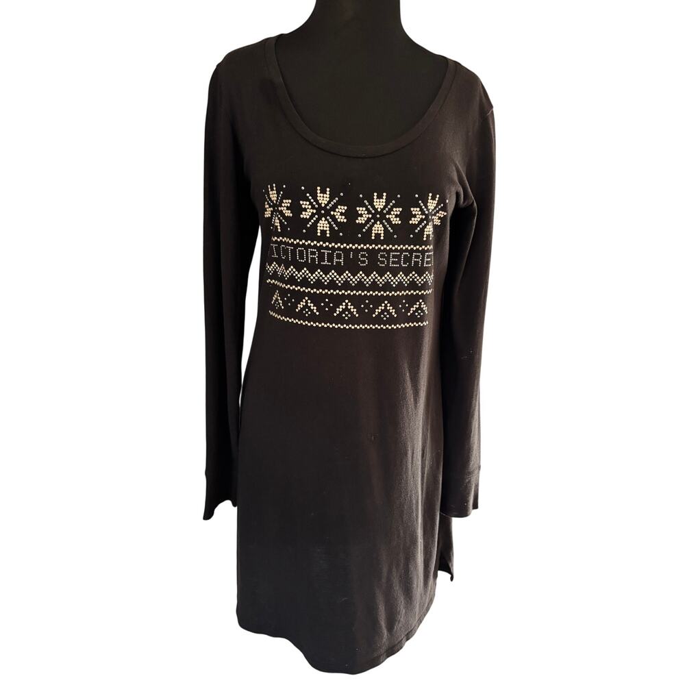 Victoria's Secret Black Long Sleeve Nightgown Night Shirt Embellished Sz S